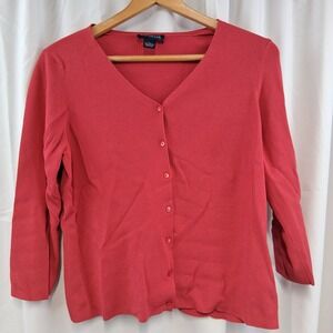 Ann Taylor Coral Pink Ribbed V Neck Button Front Cardigan Sweater Women's Large